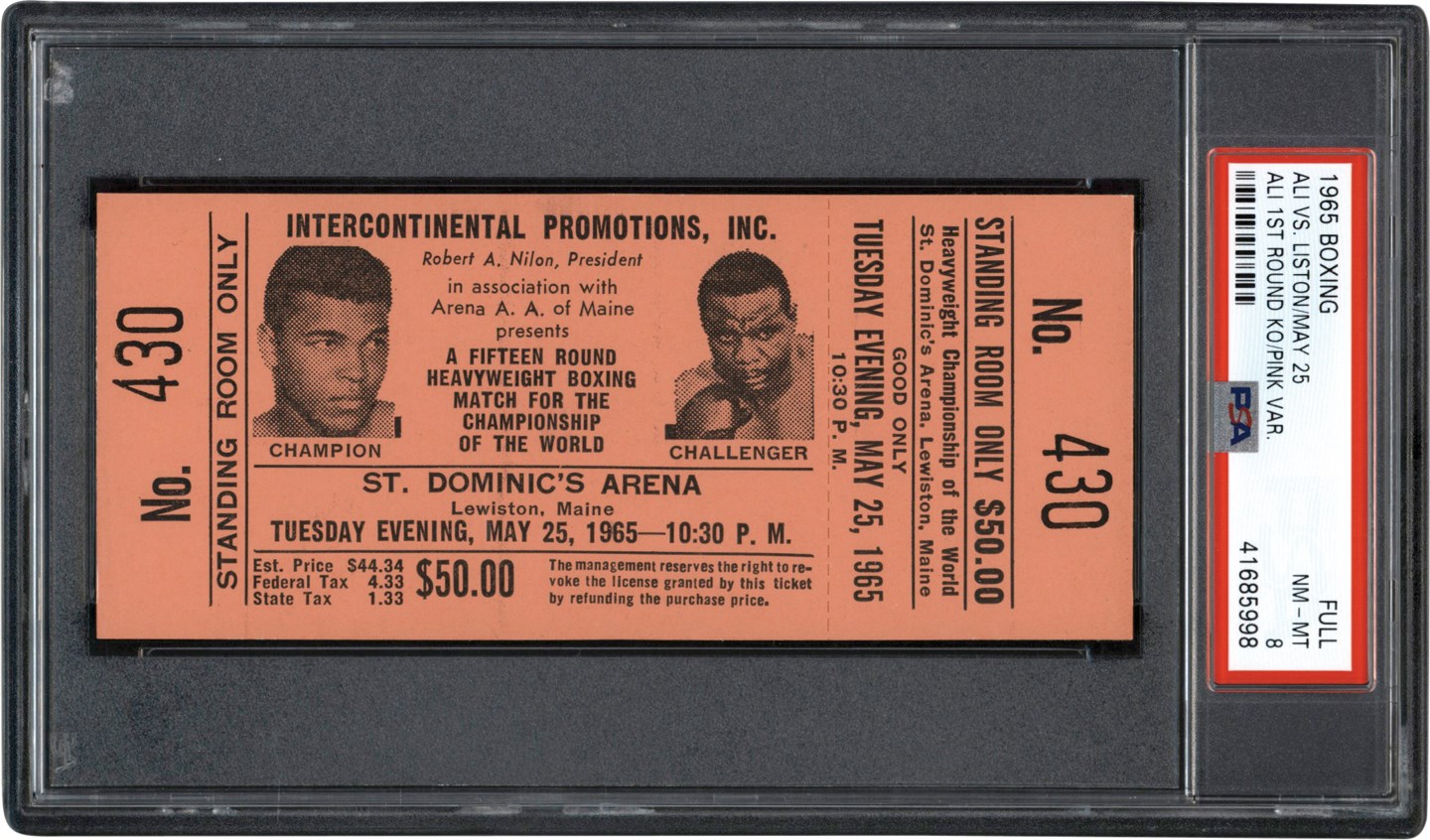 - 1965 Muhammad Ali vs. Sonny Liston II Full Ticket PSA NM-MT 8