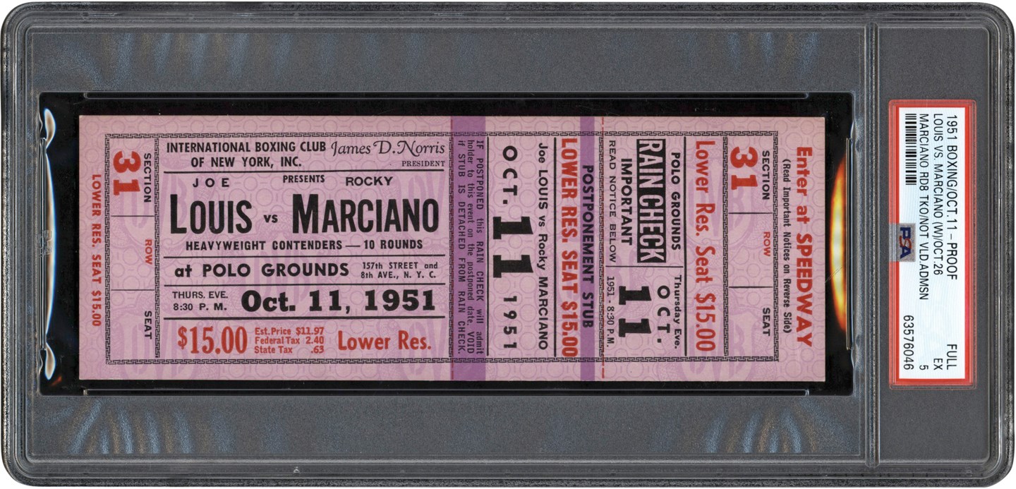 - 1951 Joe Louis vs. Rocky Marciano Full Ticket Proof PSA EX 5 (Pop 1 of 1 Highest Graded)