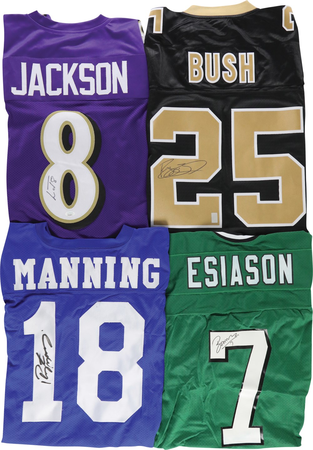 - Signed Football Jersey Collection (4): P. Manning, L. Jackson, R. Bush, & B. Esiason