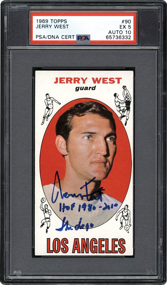 Basketball Cards - Signed & Inscribed 1969-1970 Topps Basketball #90 Jerry West "HOF 1980-2010 The Logo" PSA EX 5 Auto 10