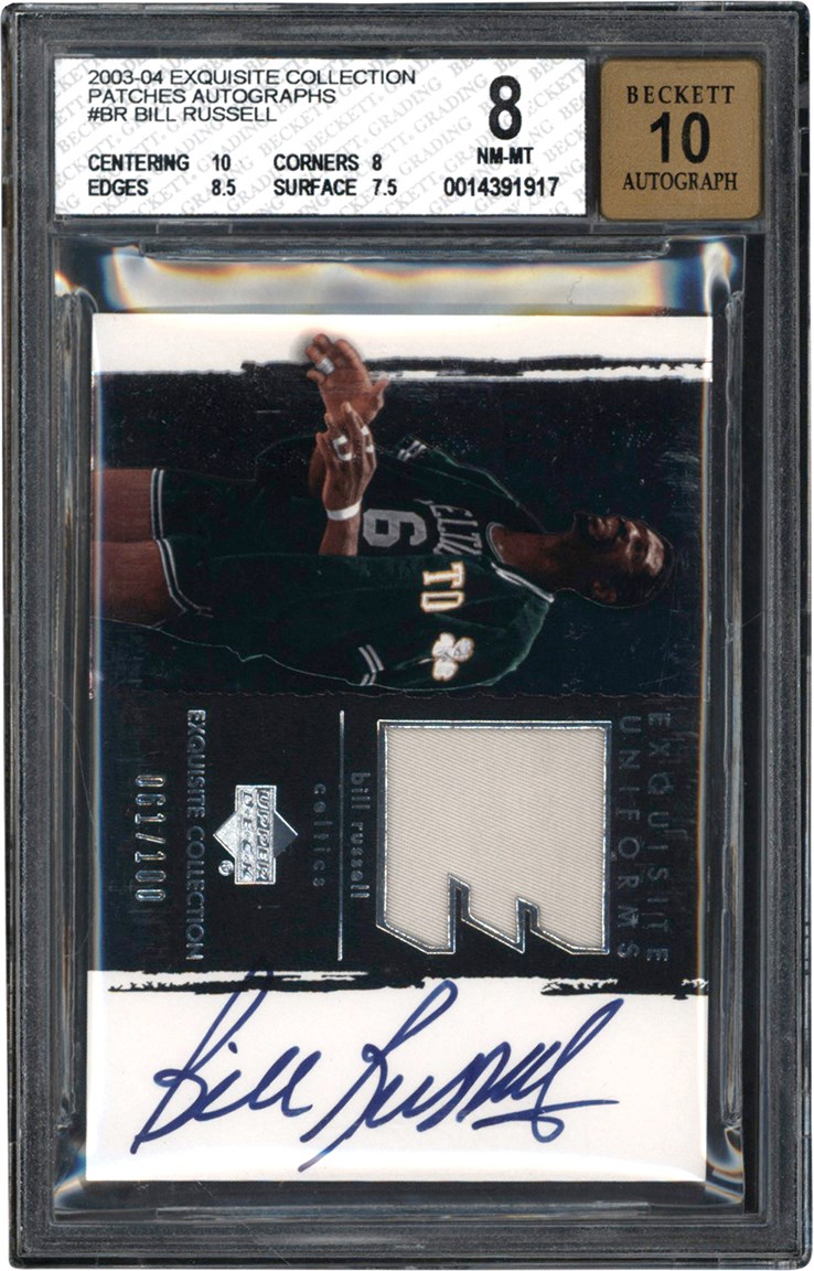 Basketball Cards - 2003-2004 Exquisite Collection Basketball Patches Autographs #BR Bill Russell Game Used Patch Autograph Card #61/100 BGS NM-MT 8 Auto 10