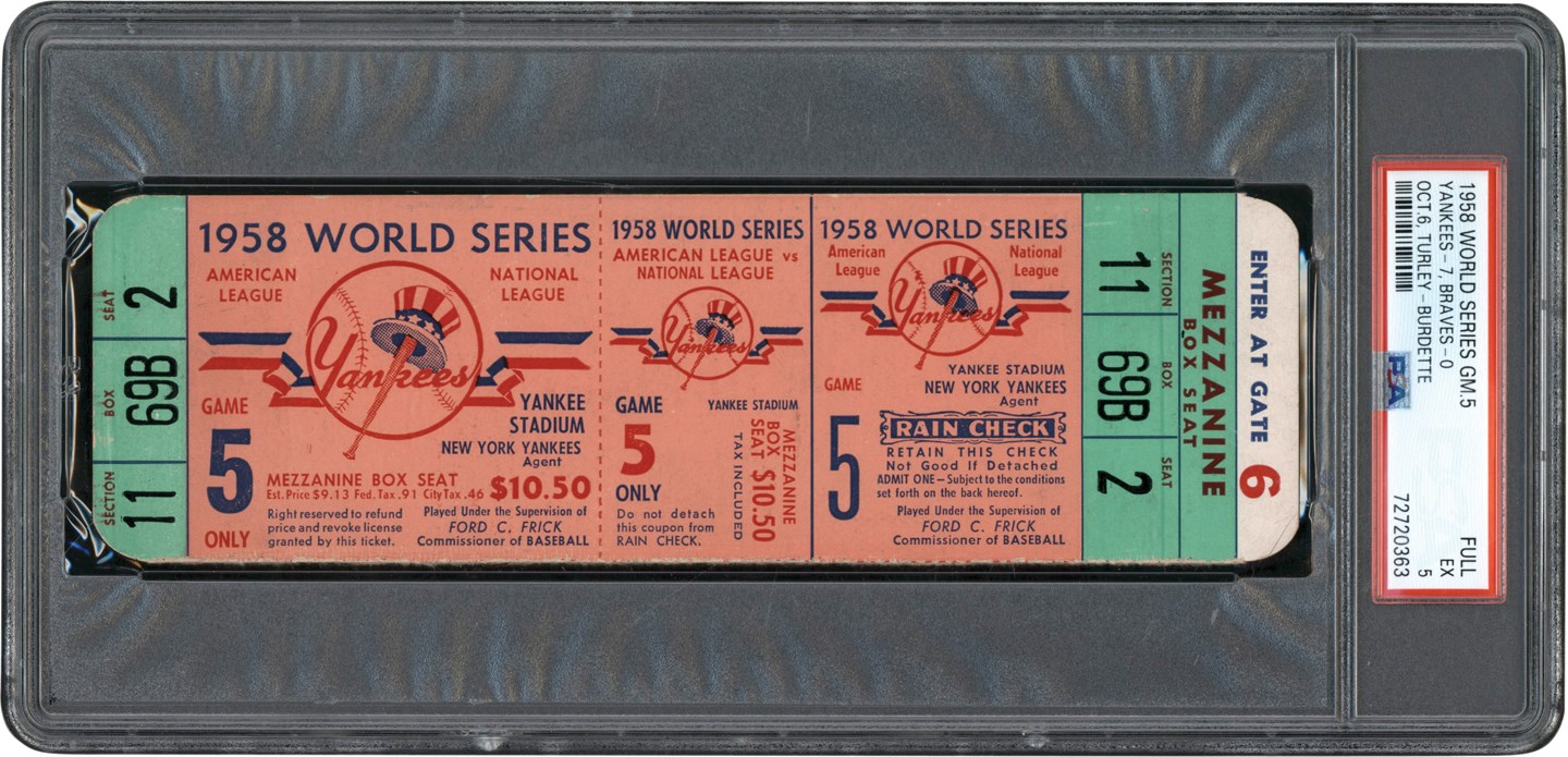 - 1958 World Series Game 5 Full Unused Ticket PSA EX 5 (Pop 2 One Higher)