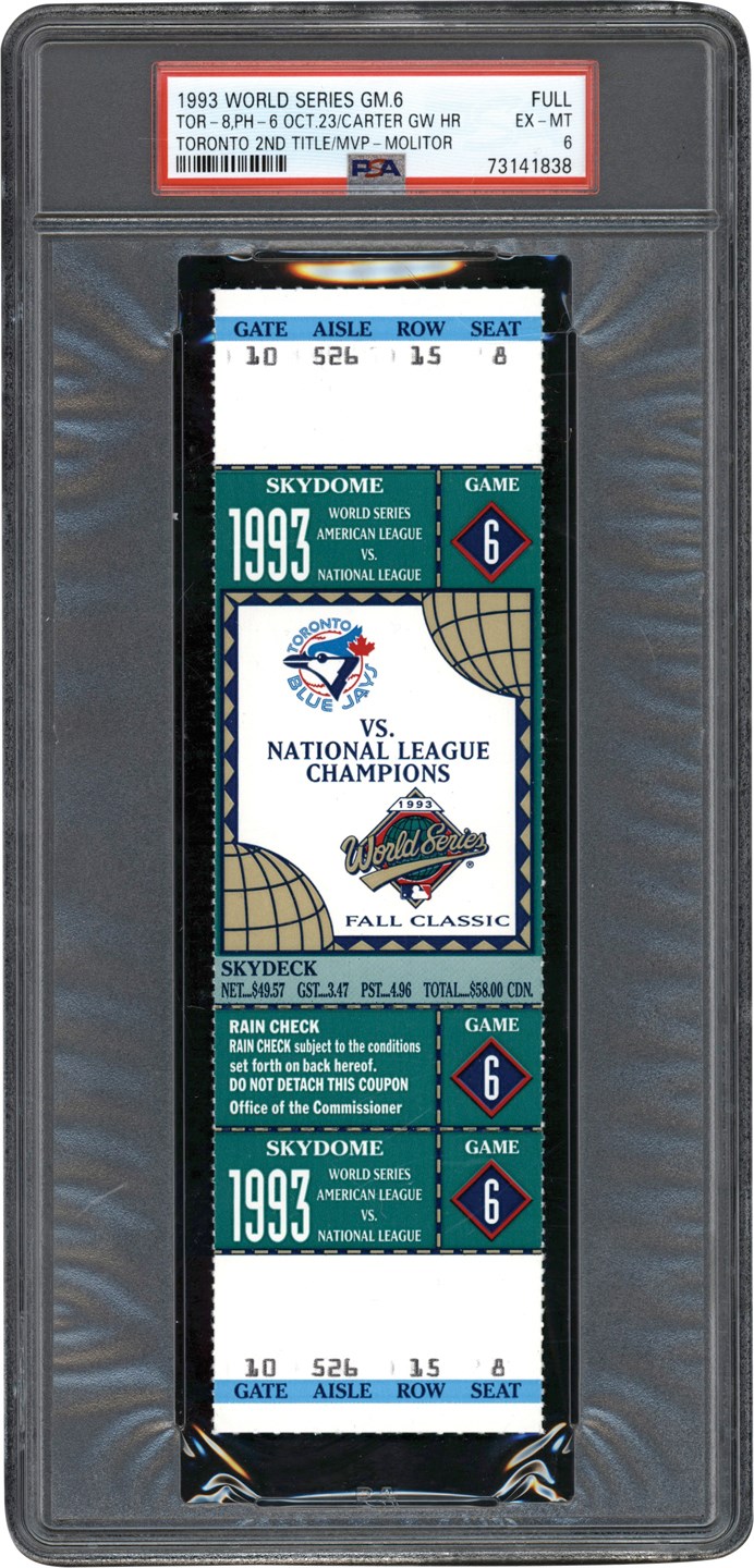 - 1993 World Series Game 6 Full Ticket - Joe Carter Game Winning Home Run PSA EX-MT 6