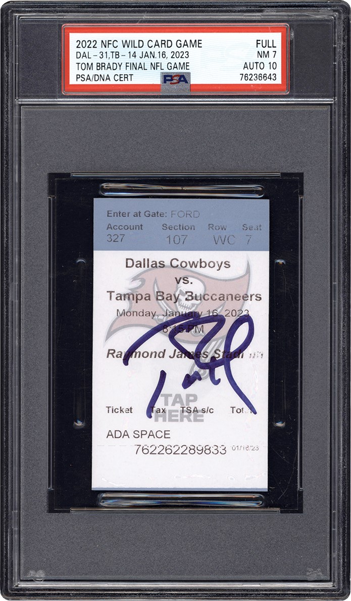 Football - 1/16/23 Tom Brady Signed Last Career Game Full Ticket PSA NM 7 Auto 10 (Only Known Example)