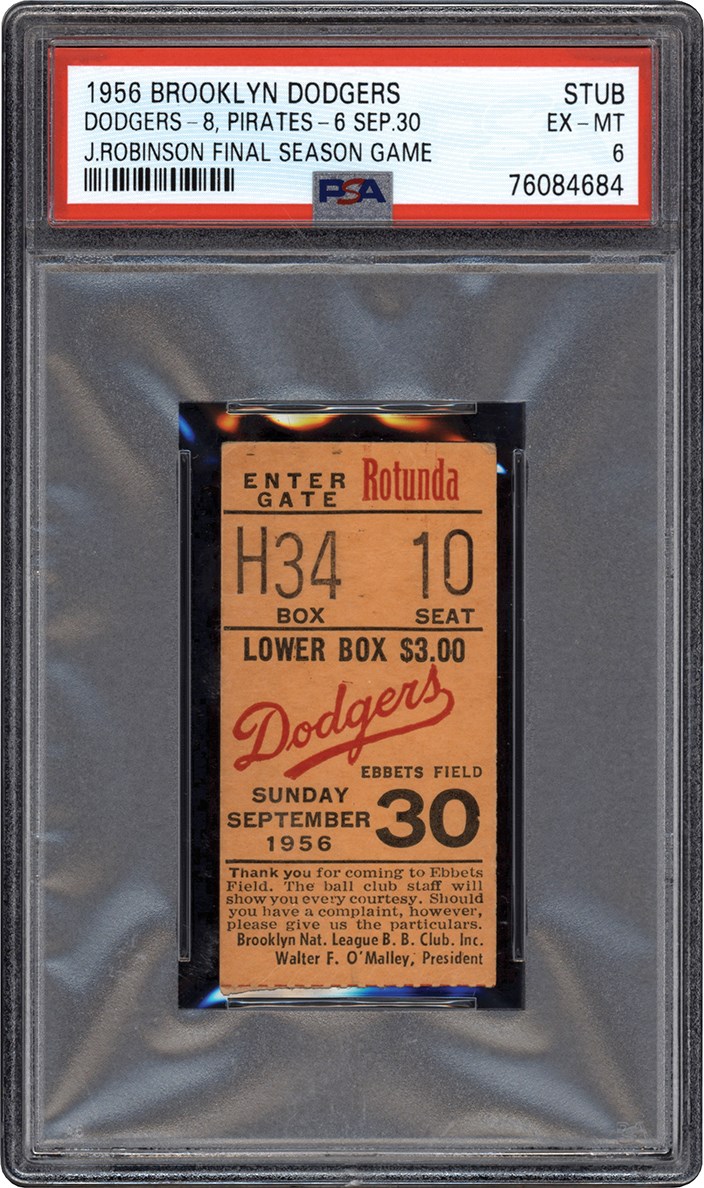- 1956 Jackie Robinson Last Game Ticket Stub PSA EX-MT 6 (Pop 1 of 1 - Highest Graded)