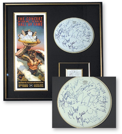 Sports Autographs - Rock And Roll Hall Of Fame And Museum Opening Night Poster & Signed Drum Skin Display