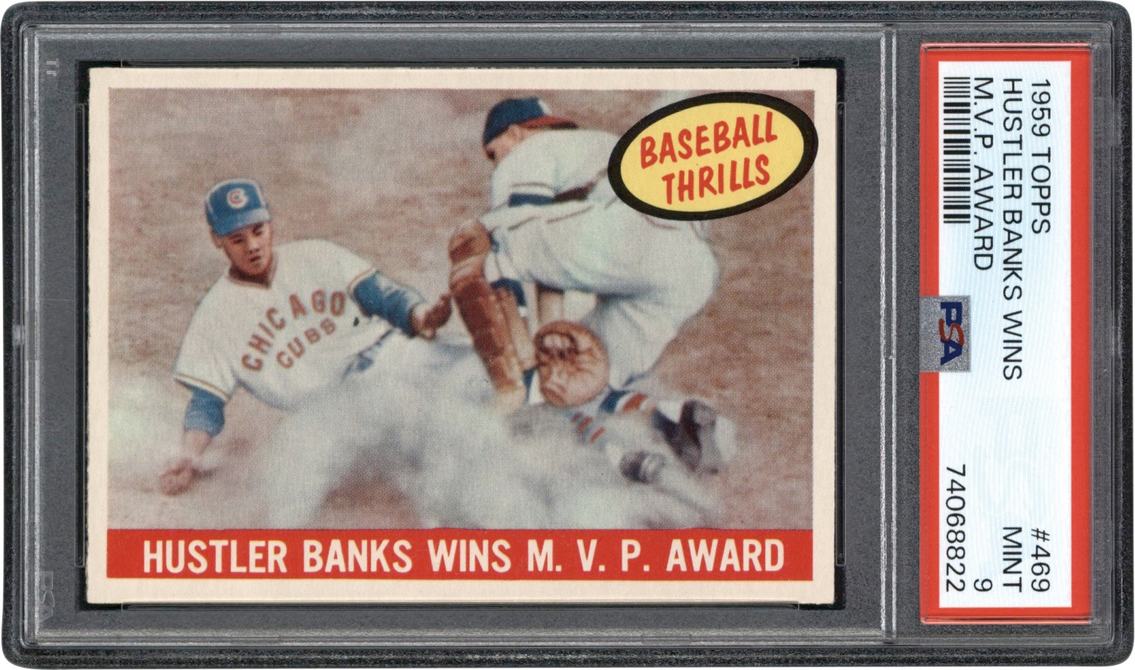 - 1959 Topps #469 Ernie Banks "Hustler Banks Wins MVP Award" PSA MINT 9