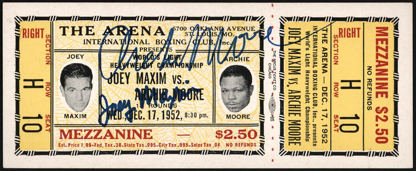 - 1952 Joey Maxim vs. Archie Moore Signed Full Ticket by Both! (PSA)