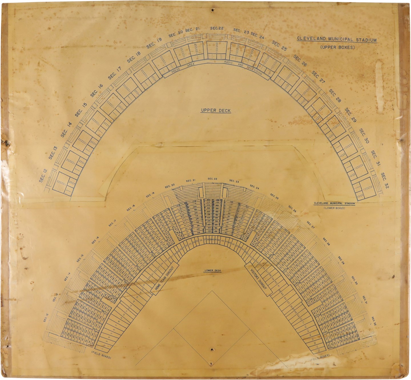 Baseball Memorabilia - Cleveland Stadium Blueprint That Hung in Stadium