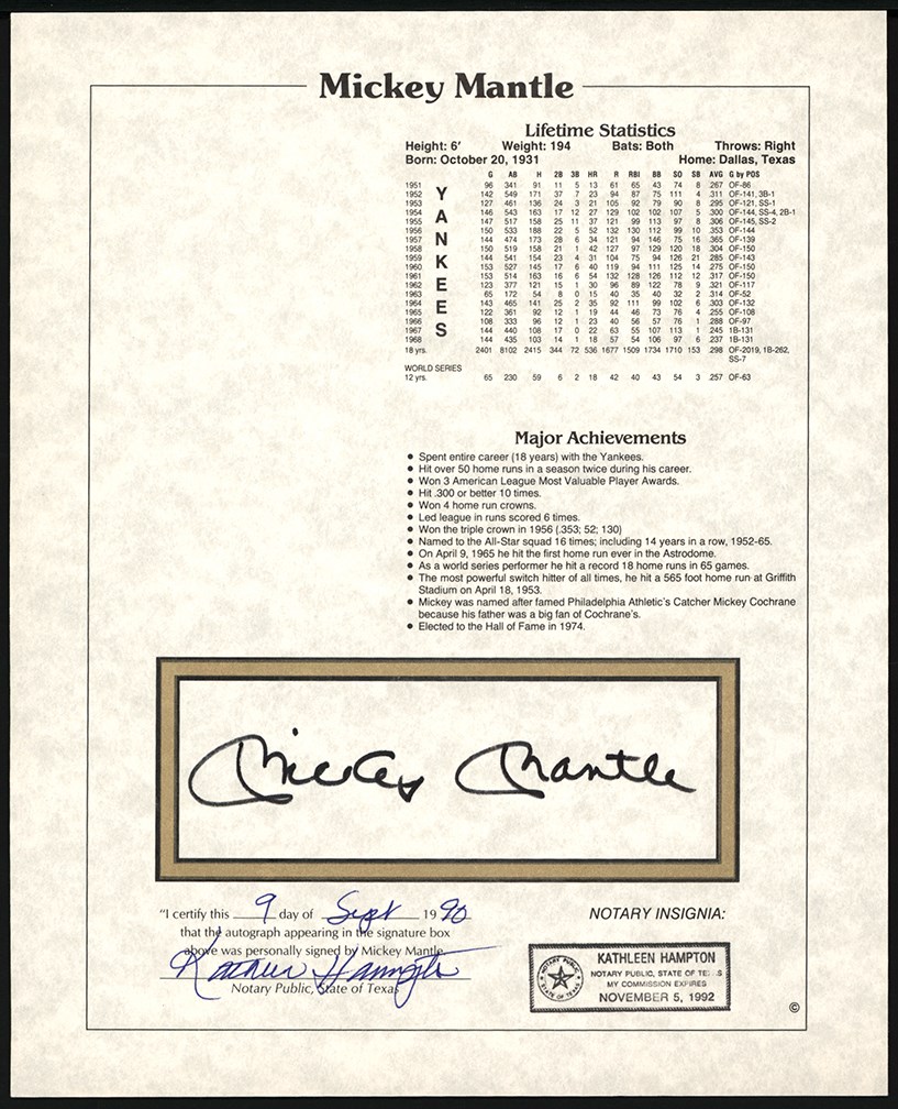 Baseball Autographs - Signed Mickey Mantle Notarized Stat Sheets (10)
