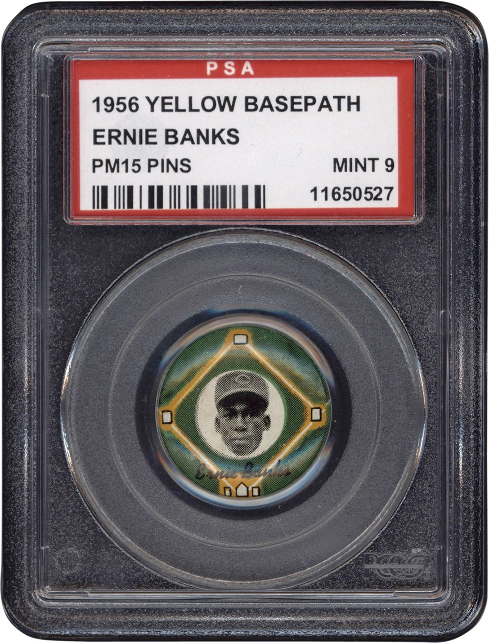 - 1956 PM15 Yellow Basepath Ernie Banks Pin PSA MINT 9 (Pop 4)