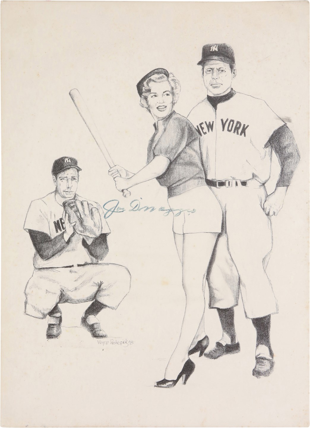 Baseball Autographs - Joe DiMaggio Signed Drawing with Marilyn Monroe and President Kennedy (PSA)