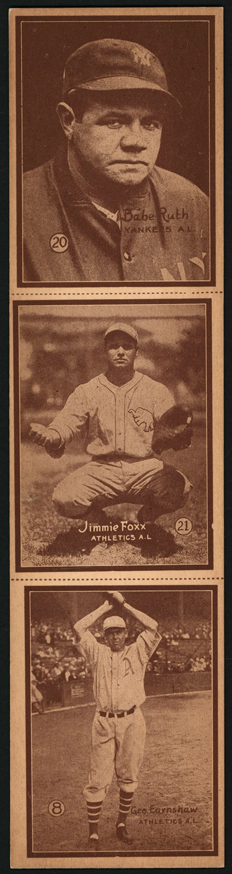 - igh Grade 1931 W517 Babe Ruth, Jimmie Foxx, George Earnshaw Uncut Panel