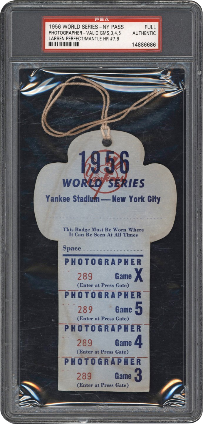 - Only Known 1956 World Series Full Photographer Pass for Games 3, 4, 5 - Larsen Perfect Game (PSA)