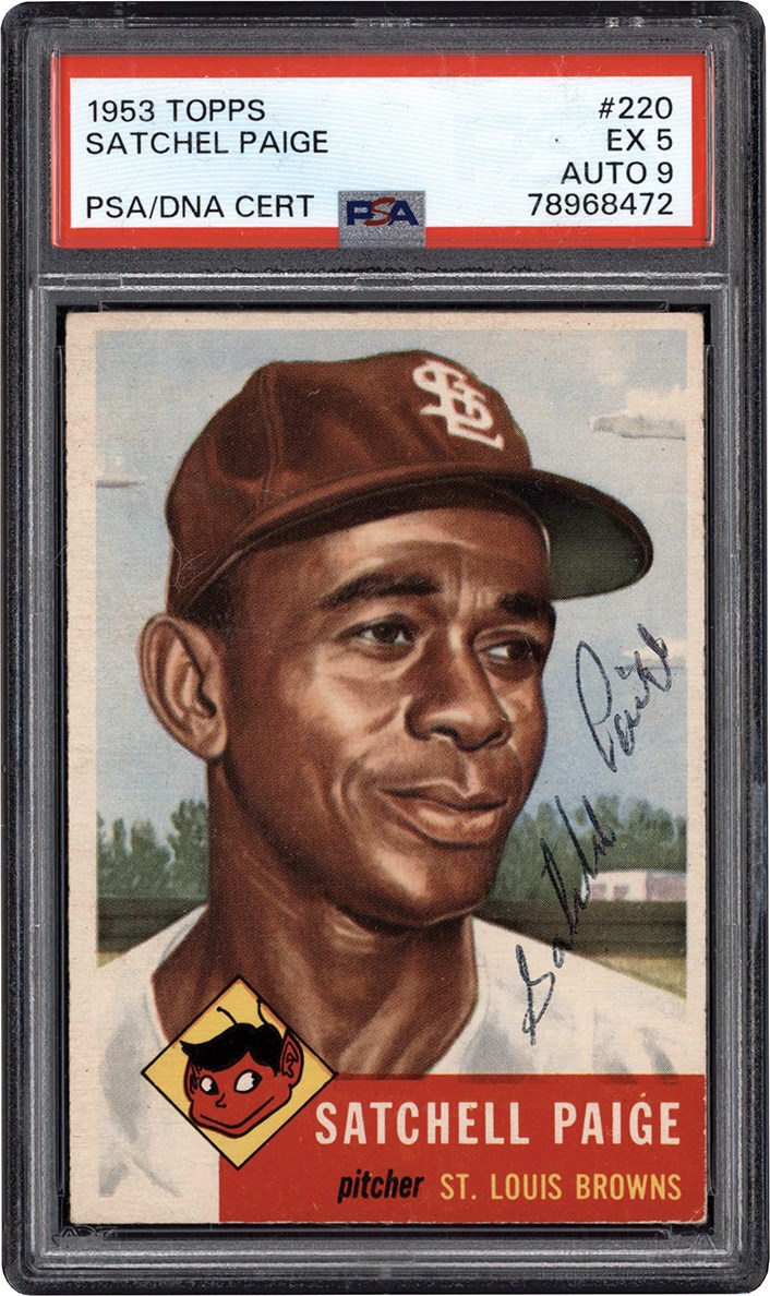 Baseball and Trading Cards - 1953 Topps Baseball #220 Satchel Paige Signed Card PSA EX 5 Auto 9 (Pop 1 of 1 Highest Graded)