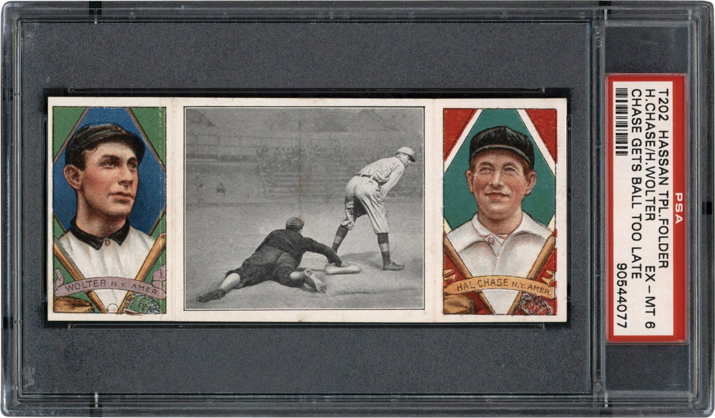 - 1912 T202 Triple Folder Hal Chase & Harry Wolter (Chase Gets Ball Too Late) PSA EX-MT 6