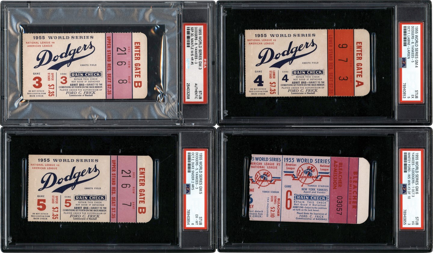 - 1955 World Series Games 3, 4, 5, 6 PSA Ticket Stub Collection (4)