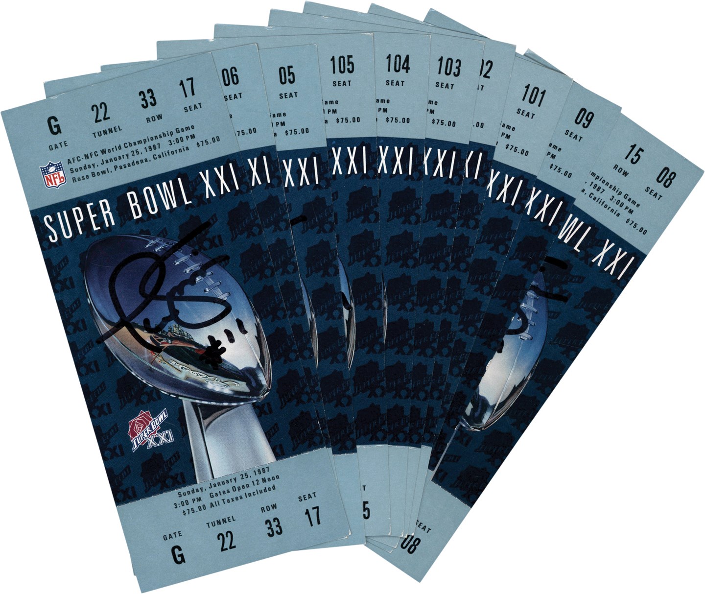 - Super Bowl XXI Full Ticket Collection (10) - Each Signed by MVP Phil Simms