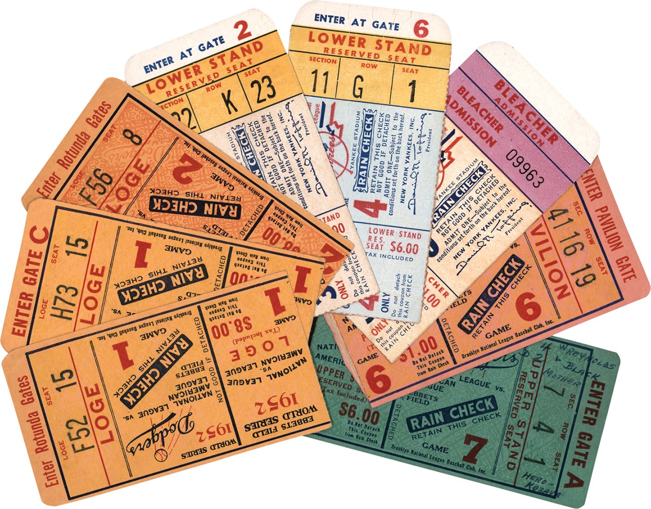 - 1952 World Series Compete Ticket Stub Collection (8) plus Duplicate - Mantle First 2 World Series Home Runs