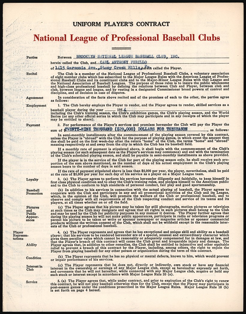 - 1954 Carl Furillo Brooklyn Dodgers Contract (PSA)