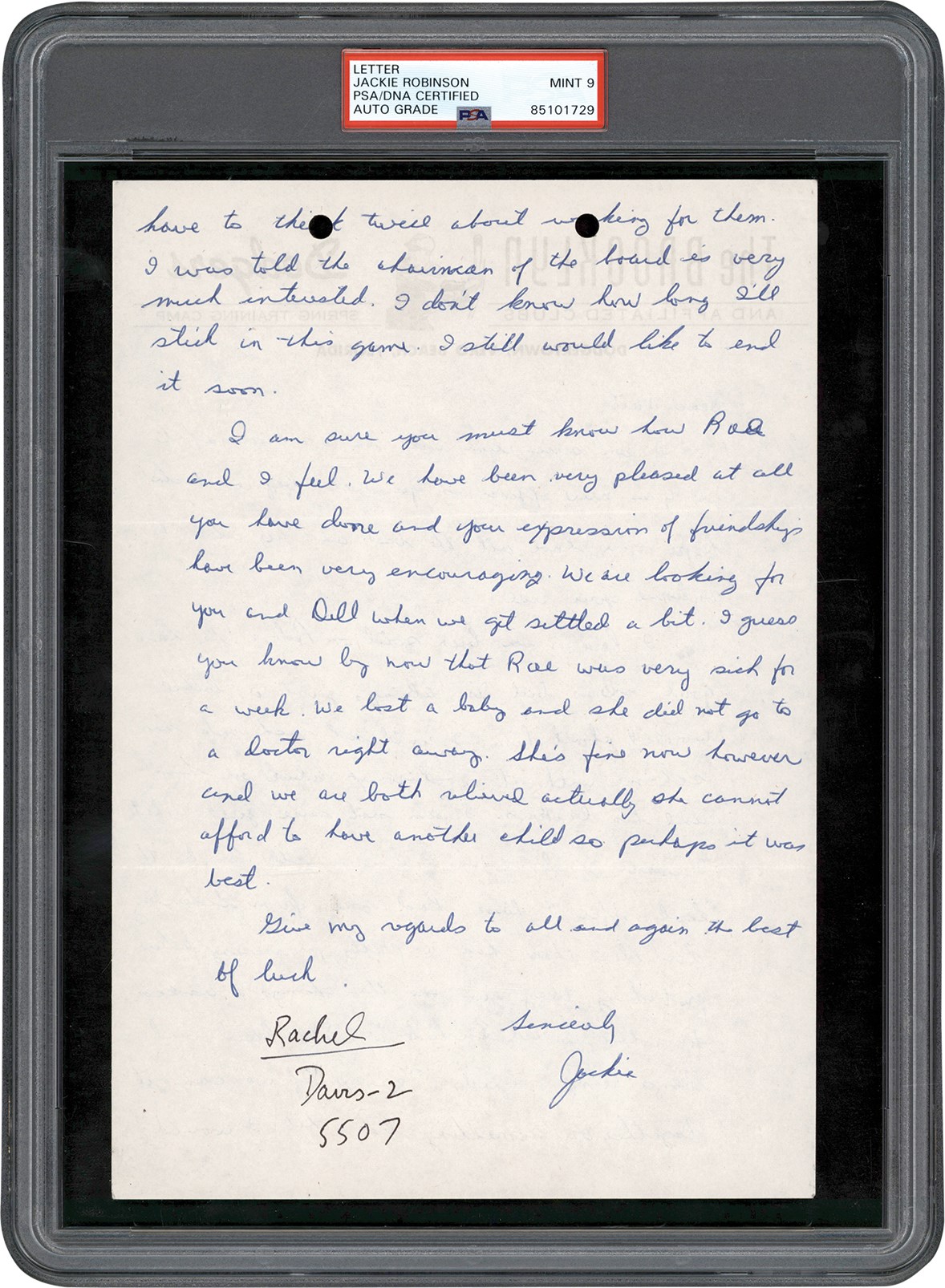 - Circa 1954 Jackie Robinson Handwritten Letter (PSA MINT 9)