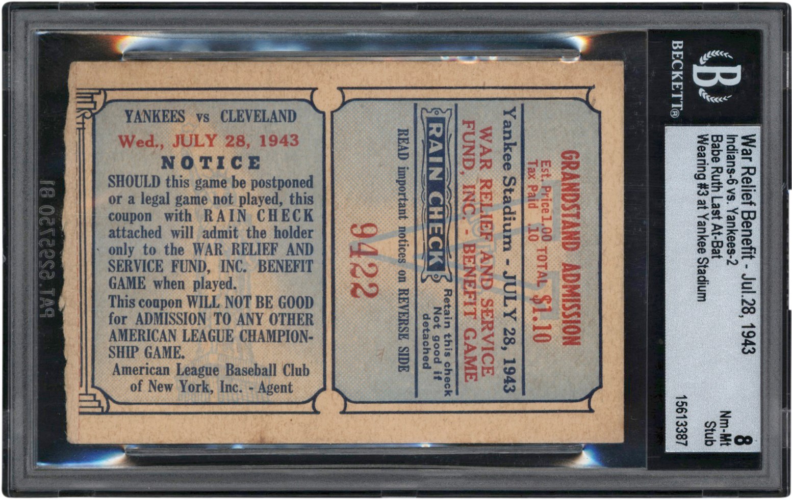 - Babe Ruth Last At-Bat Wearing #3 at Yankee Stadium Ticket Stub BGS NM-MT 8