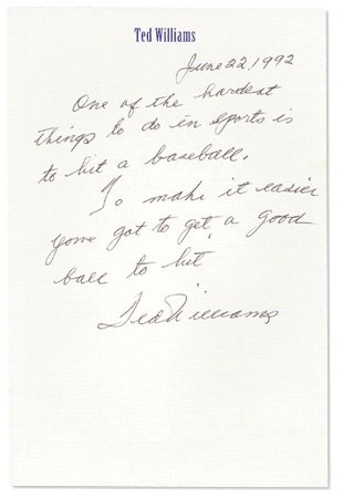 Ted Williams - Ted Williams “Baseball Hardest To Hit” Handwritten Letter
