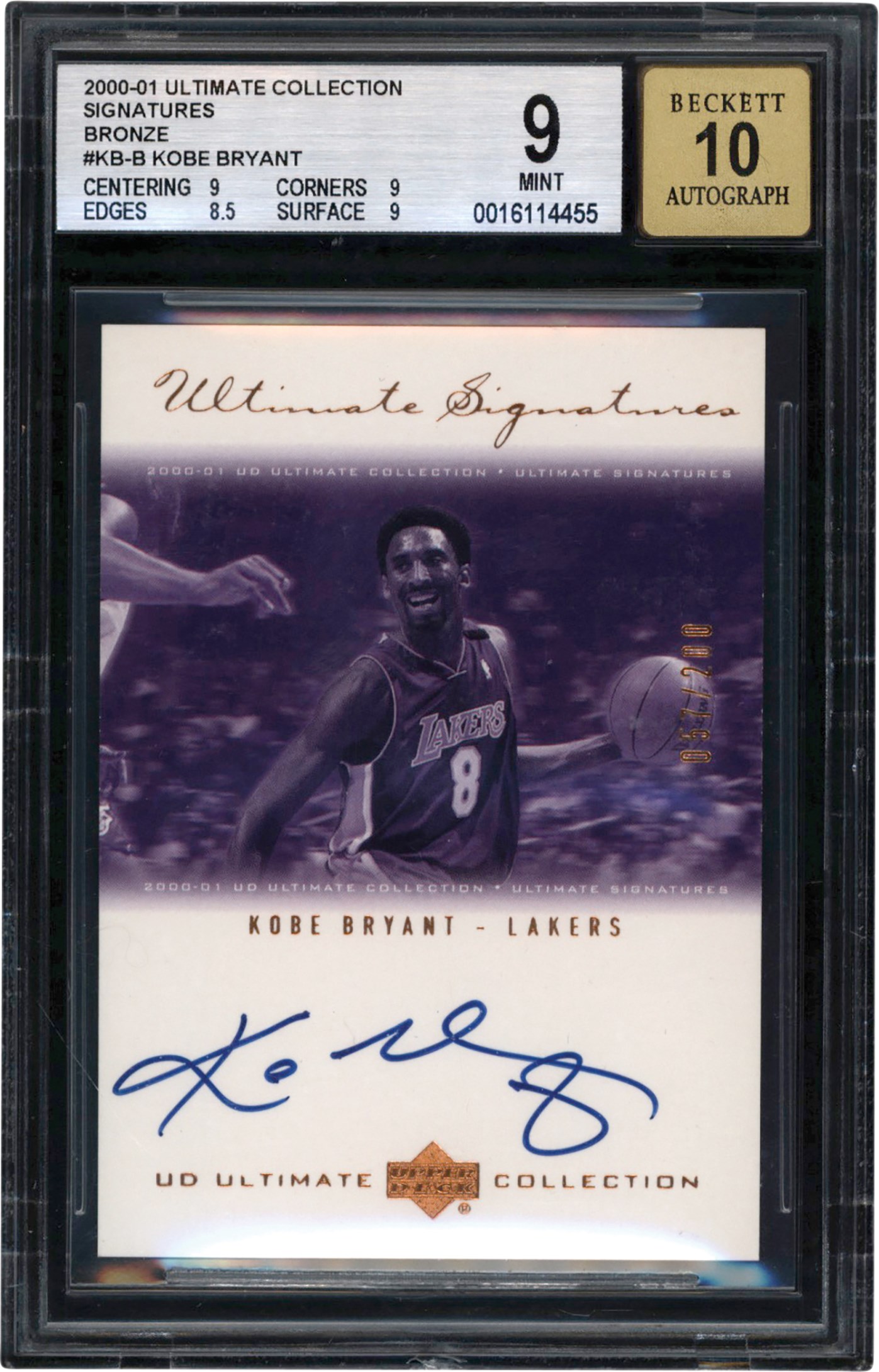 - 2000-2001 Ultimate Collection Basketball Signatures Bronze #KB-B Kobe Bryant Autograph #57/200 BGS MT 9 Auto 10