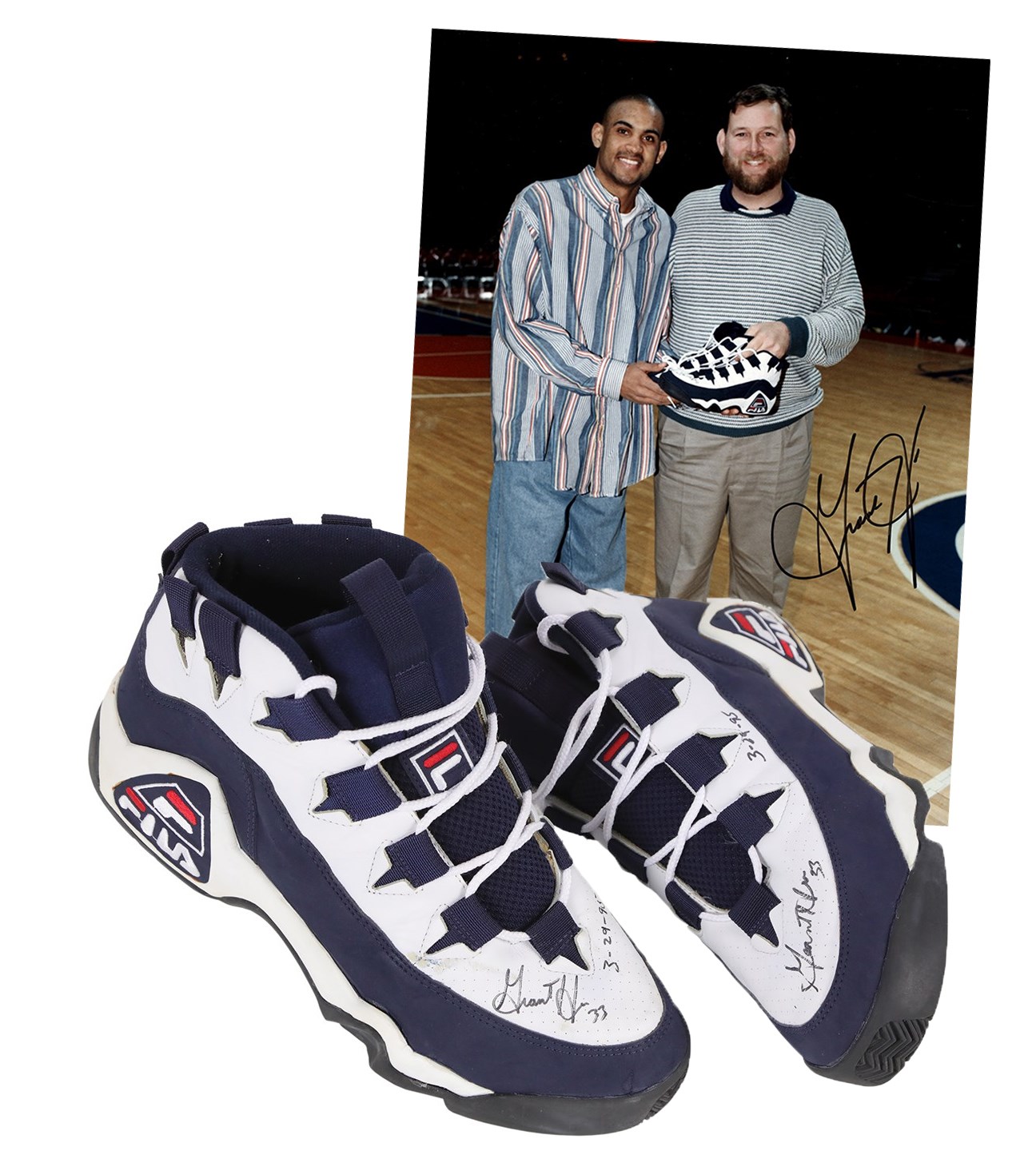 - 1995 Grant Hill Rookie "Double-Double" Detroit Pistons Signed Game Worn Sneakers with Photo Proof (PSA)