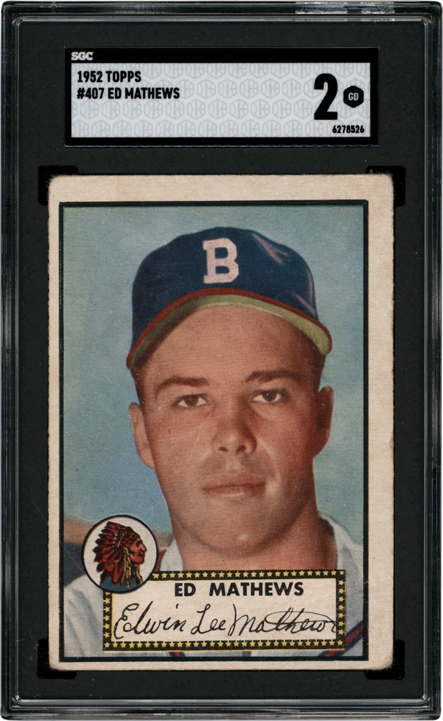 - 1952 Topps Baseball #407 Eddie Mathews Rookie SGC GD 2