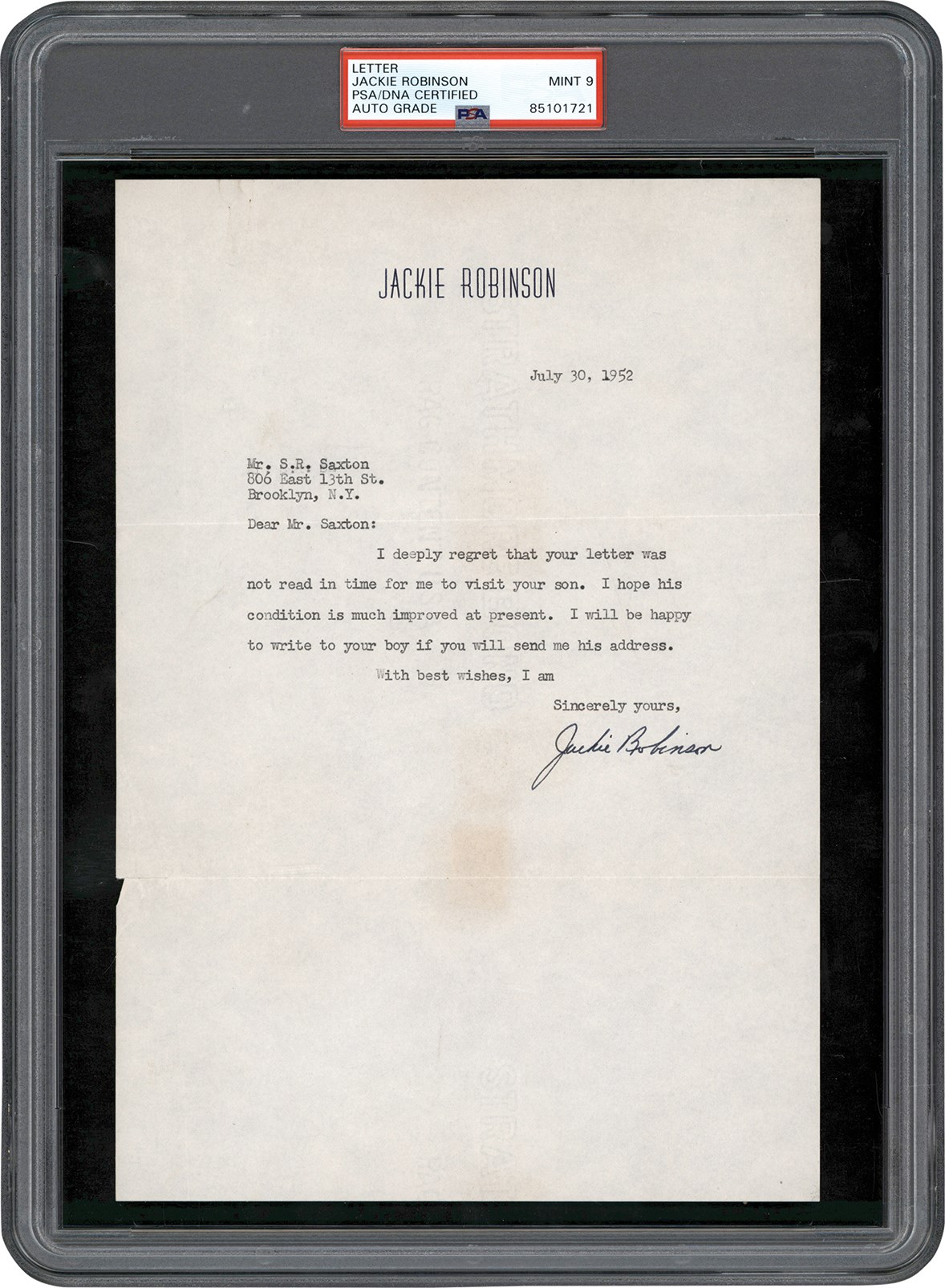 - 1952 Jackie Robinson Signed Letter (PSA MINT 9)