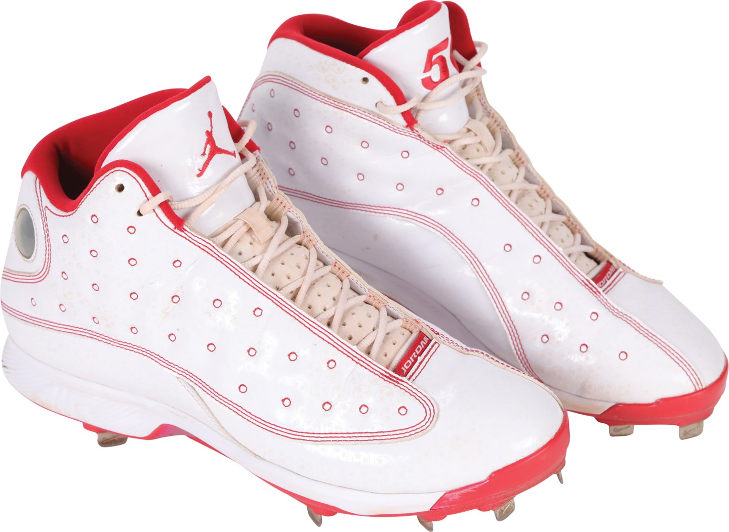 - 2019 Mookie Betts Air Jordan 13s Boston Red Sox Game Used Cleats - Photo-Matched to SEVEN Games inc. London Series & Two Home Runs (Betts LOA & Fanatics)