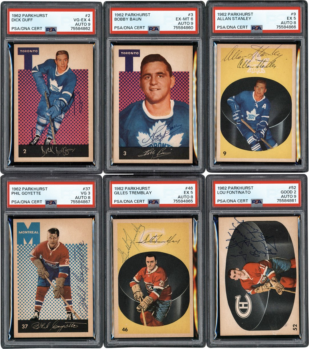 - 1962 Parkhurst Hockey PSA Signed Dual-Graded Collection (Only PSA Known Examples for Each Player)