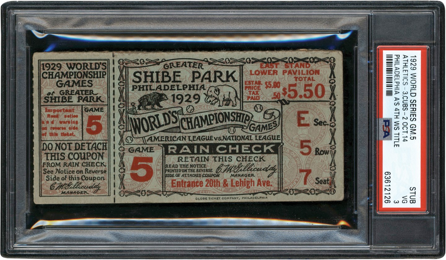 - 1929 World Series Game 5 Ticket Stub PSA VG 3
