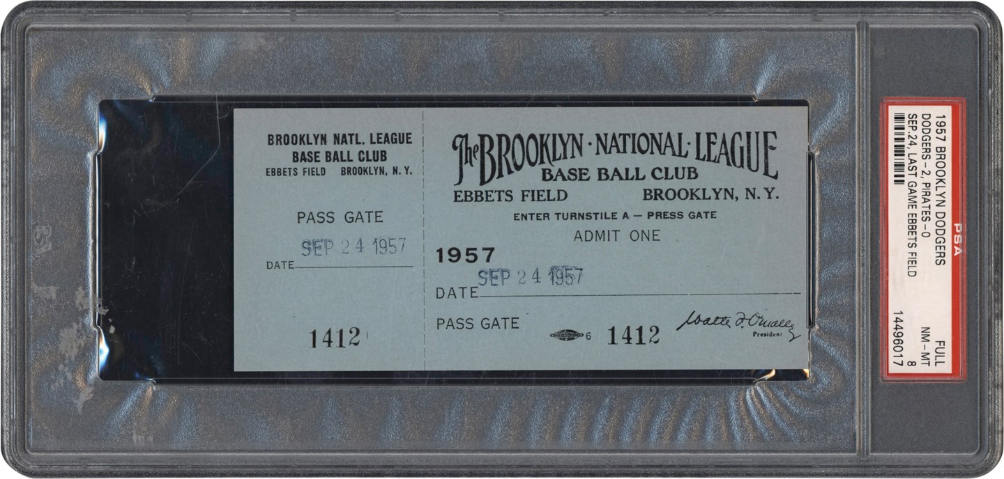 - 1957 Brooklyn Dodgers Last Game at Ebbets Field Full Ticket PSA NM-MT 8 (Pop 1 of 2 Highest Graded)