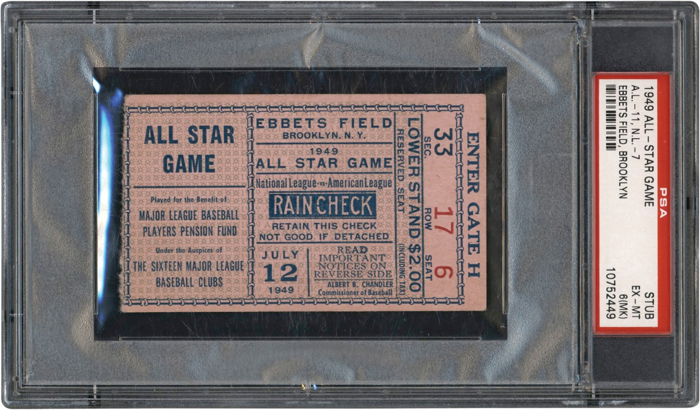 - 1949 All-Star Game Ticket Stub PSA EX-MT 6(mk) (Highest Graded)