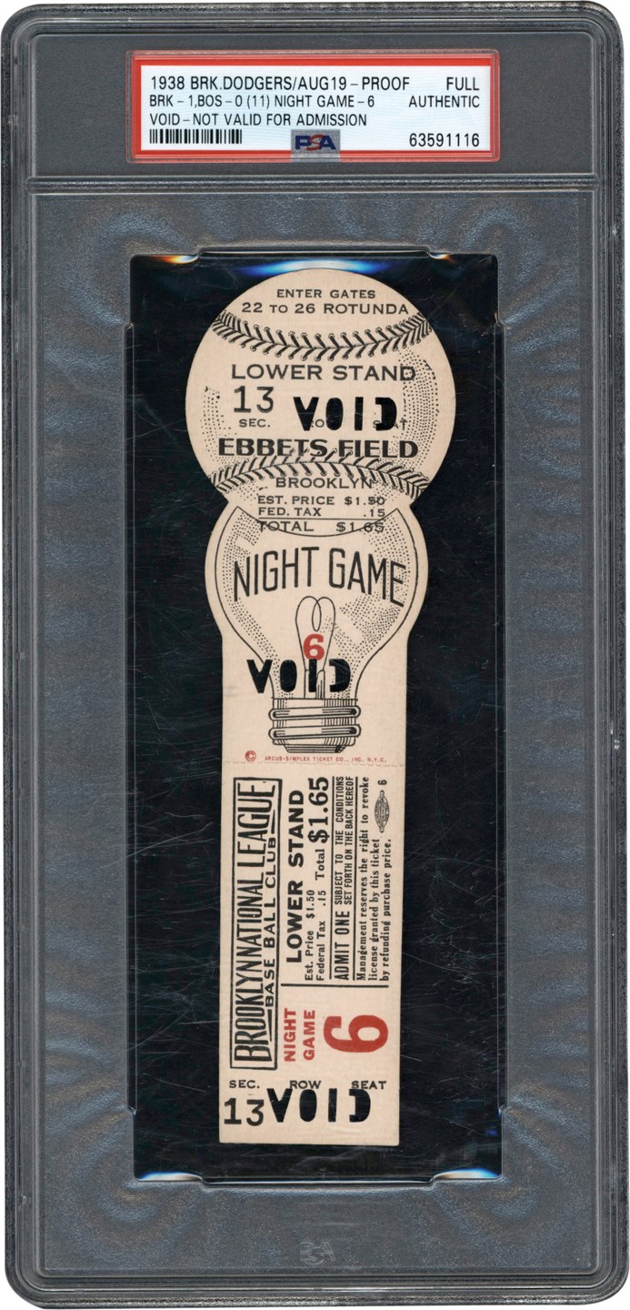 - 1938 Brooklyn Dodgers Night Game Light Bulb Full Ticket Proof PSA Authentic (Only Known Example)