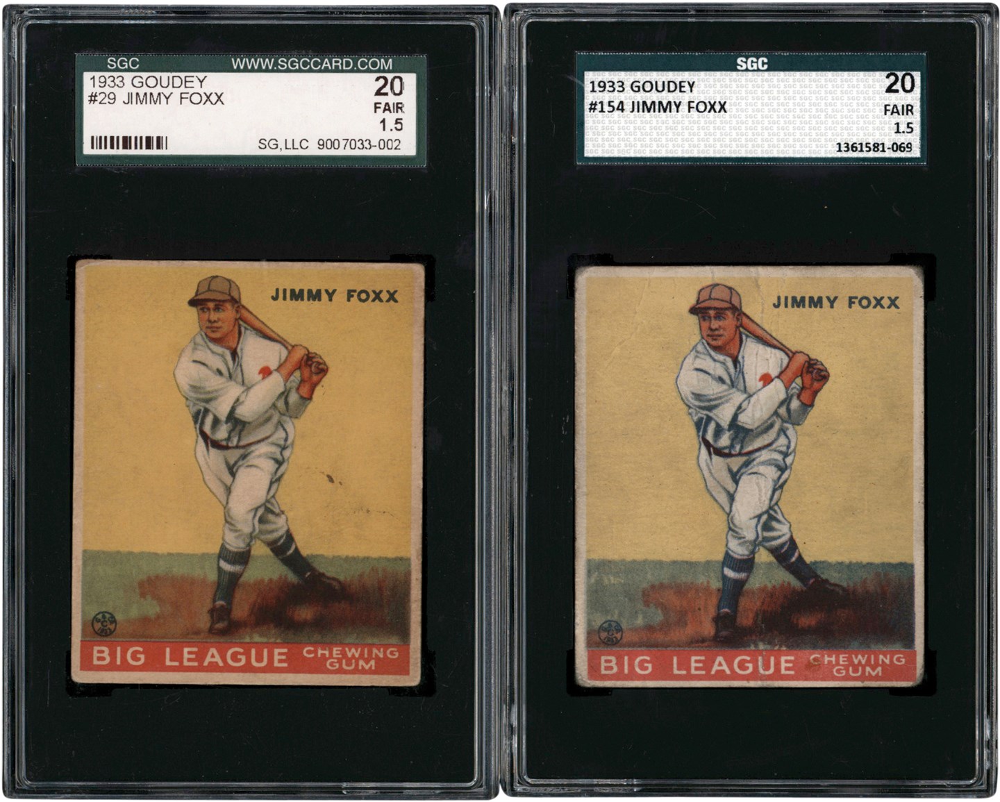 - 1933 Goudey Baseball #29 & #154 Jimmy Foxx SGC FR 1.5 Duo (2)