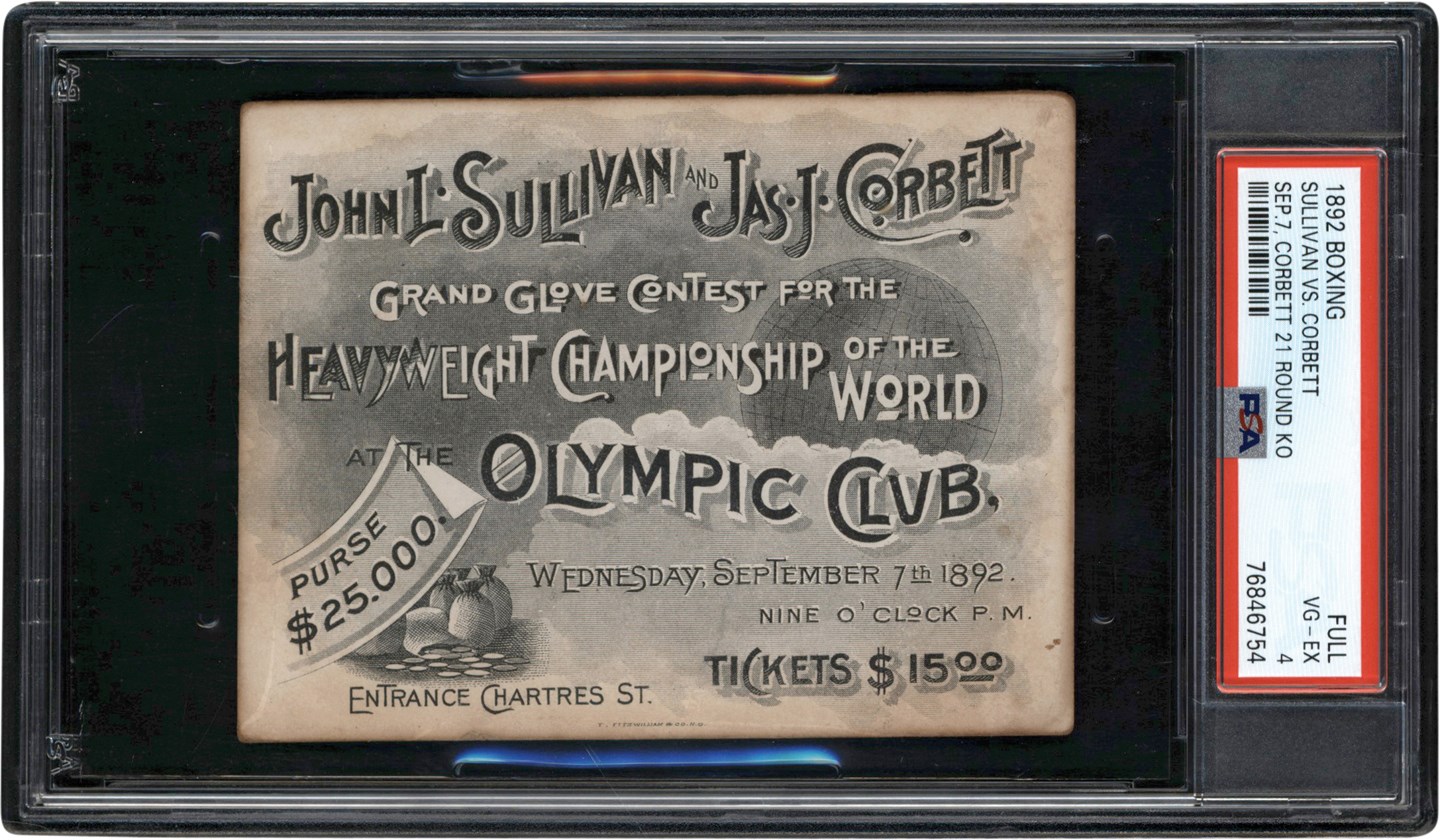 - 1892 John L. Sullivan vs. James J. Corbett Full Ticket PSA VG-EX 4