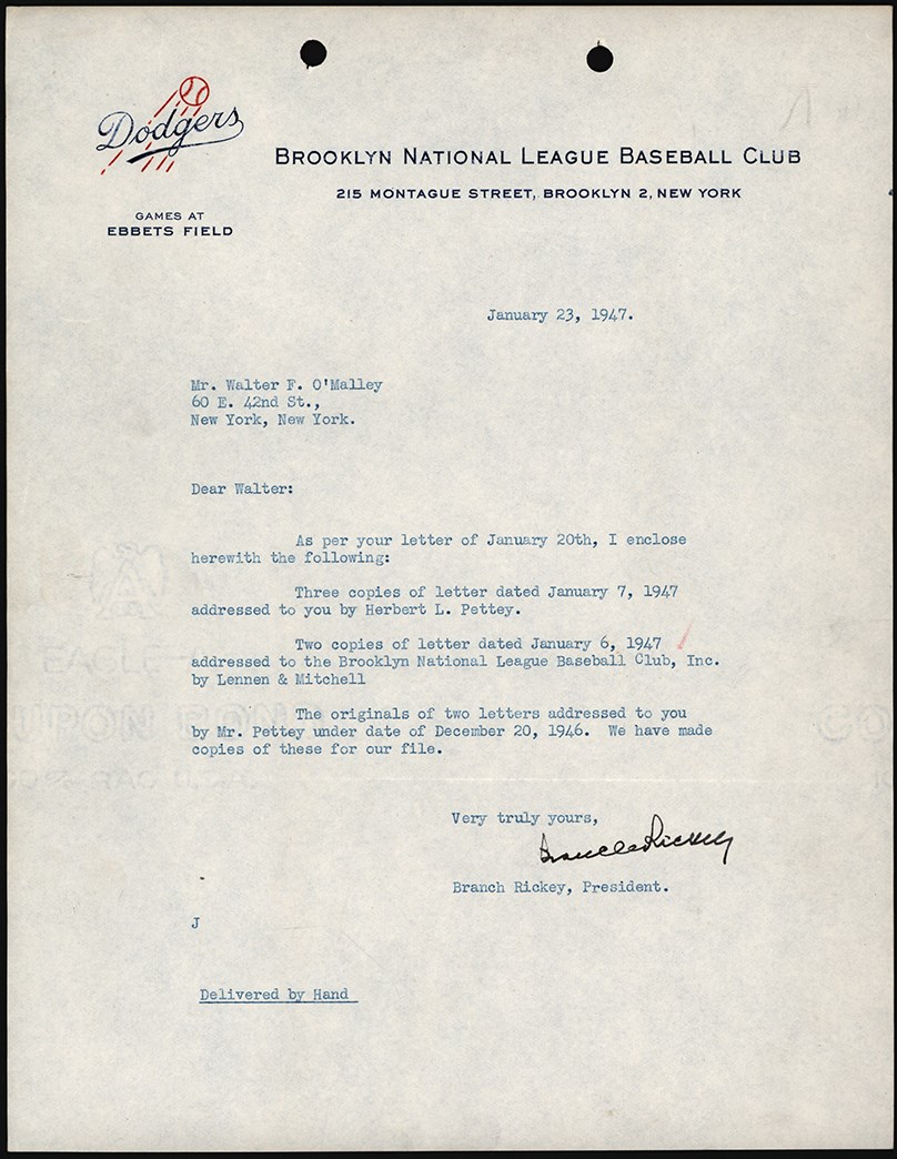 - 1947 Branch Rickey Signed Letter Sent to Walter O'Malley (JSA)