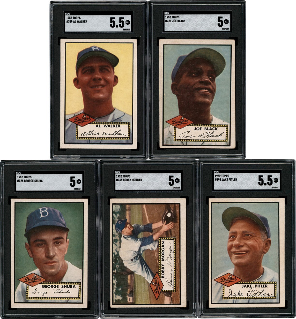 - 1952 Topps Baseball SGC EX 5 & EX 5.5 Brooklyn Dodgers High # Collection (5)