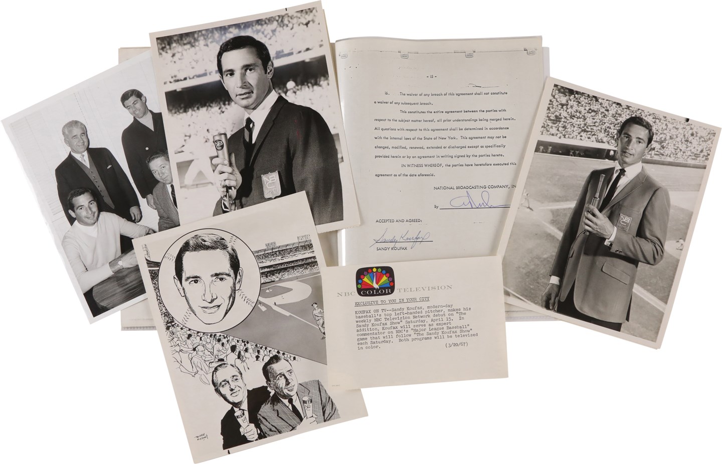 - 1966 Sandy Koufax Signed 15-Page NBC Broadcasting Contract with Original Photograph of Him Signing (PSA)