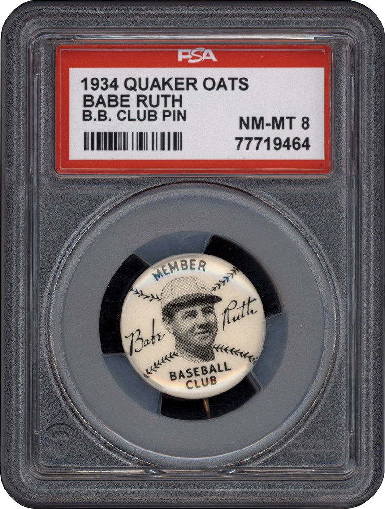- 1934 Babe Ruth Quaker Oats Baseball Club Premium Pinback PSA NM-MT 8 (Only Two Higher)