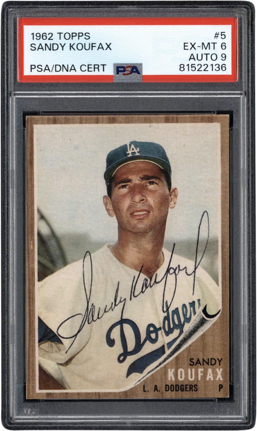 - Signed 1962 Topps Baseball #5 Sandy Koufax Card PSA EX-MT 6 Auto 9 (Only One Higher)