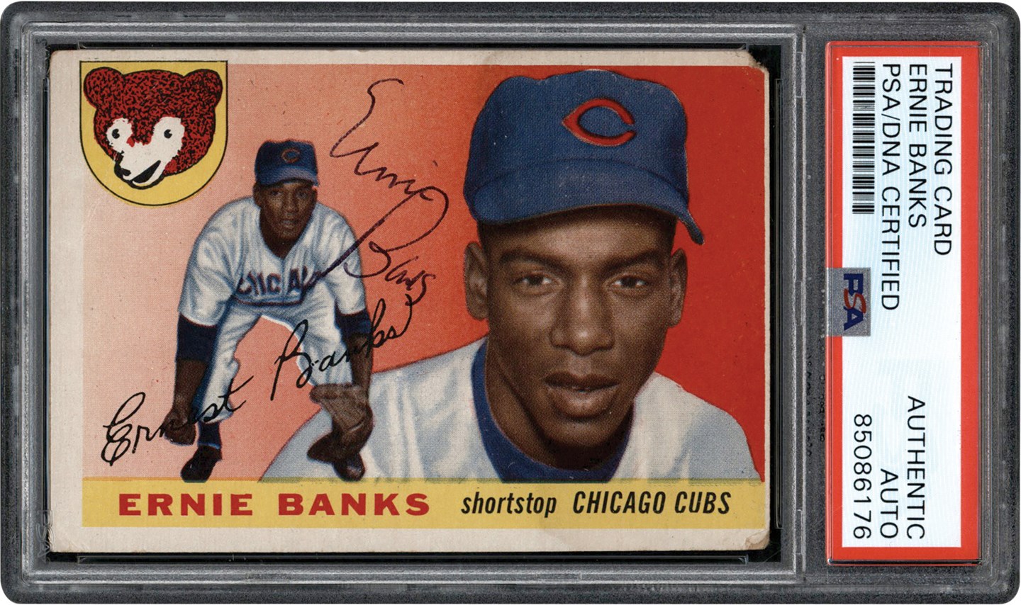 - Signed 1955 Topps Baseball #28 Ernie Banks Card (PSA)