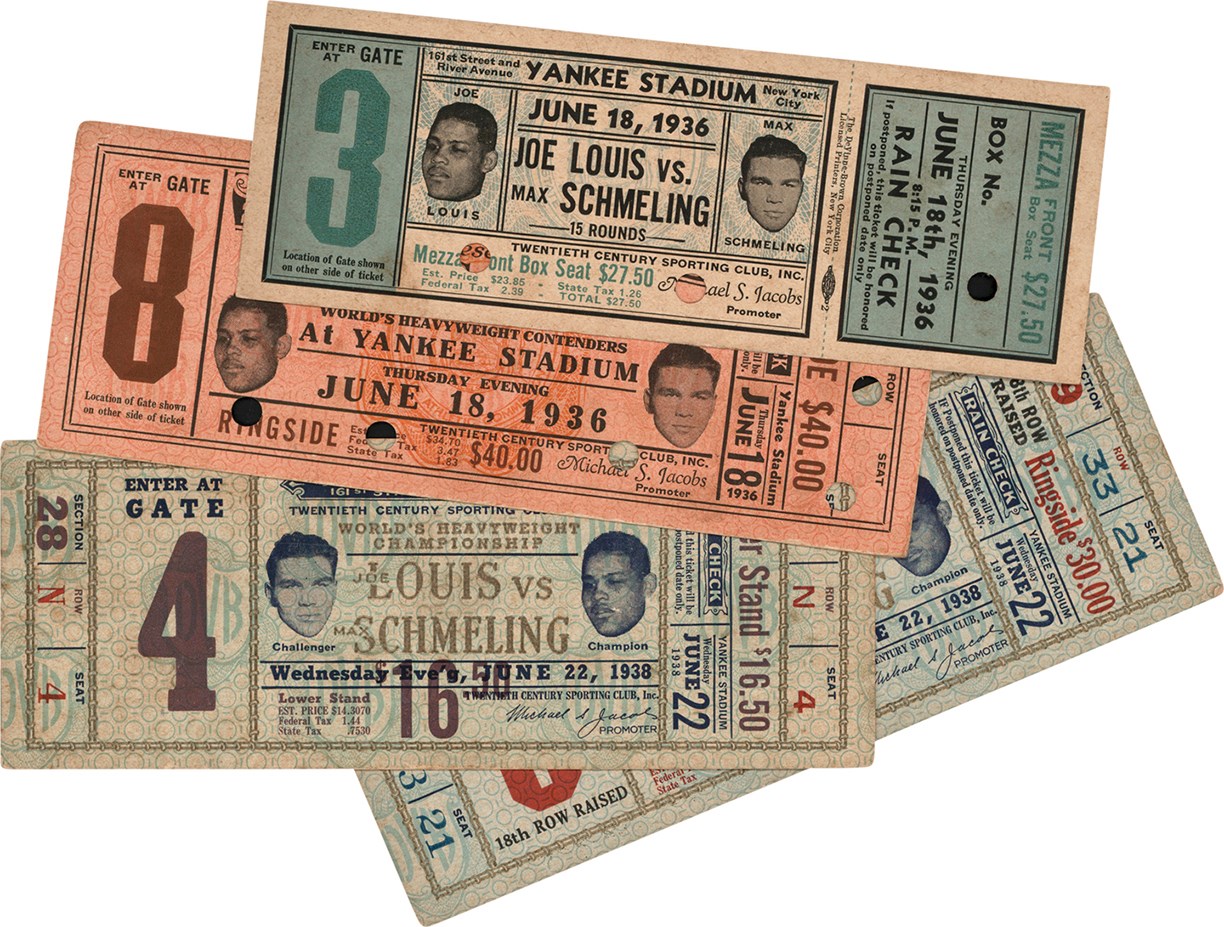 - 1936-38 Joe Louis vs. Max Schmeling I & II Full Ticket Collection (4)