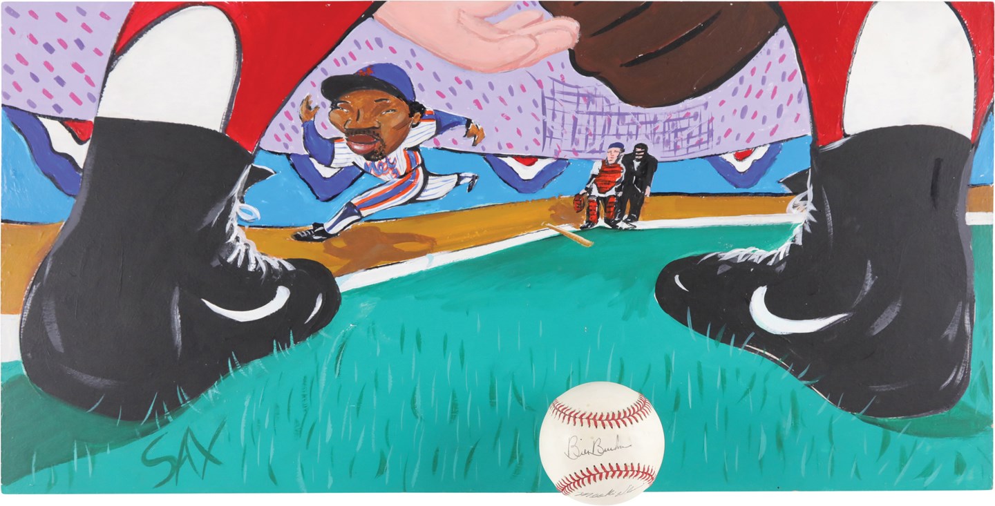 - 1986 World Series Game 6 Painting by Steve Sax w/Dual-Signed Mookie/Buckner Ball (Ex-Charlie Sheen Collection)