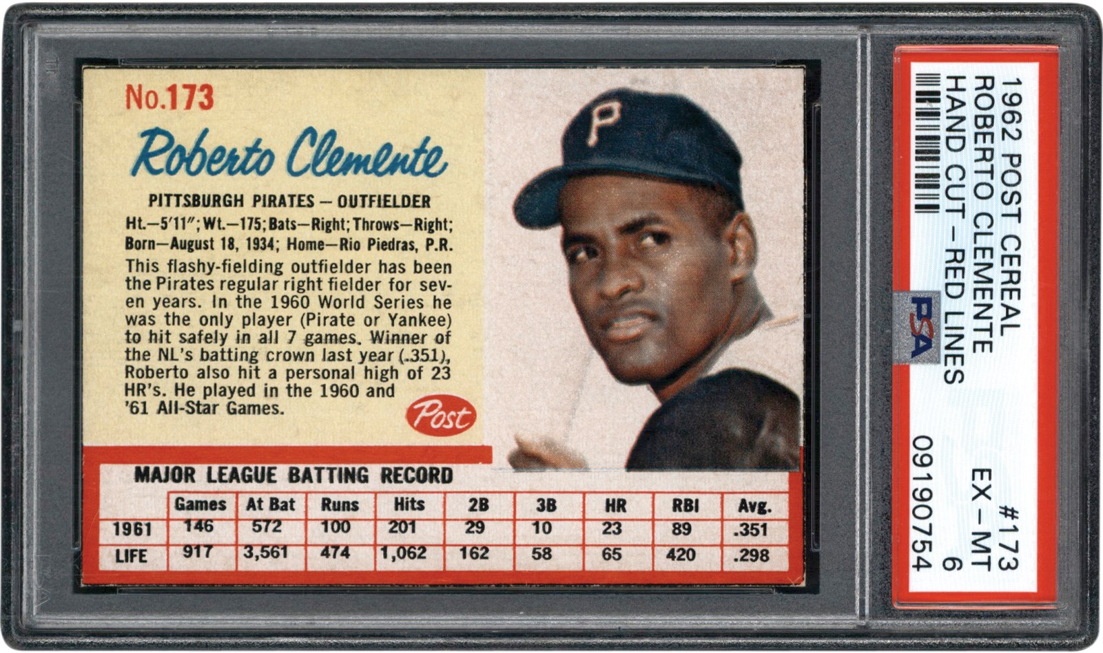 - 1962 Post Cereal Baseball #173 Roberto Clemente w/Red Lines PSA EX-MT 6