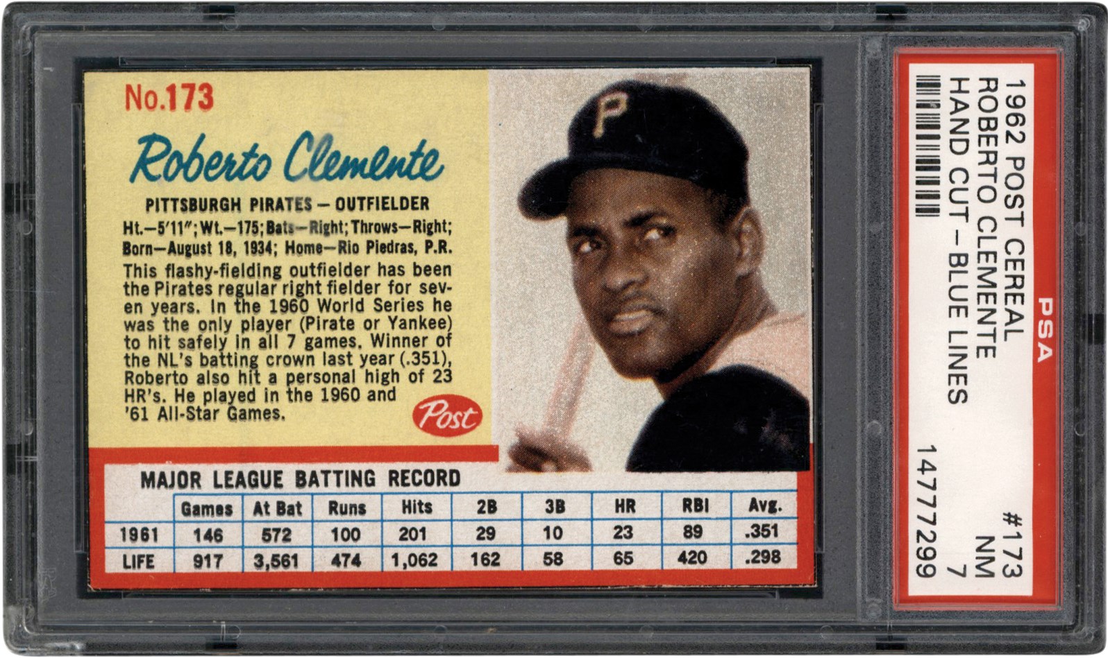 - 1962 Post Cereal Baseball #173 Roberto Clemente (Blue Lines) PSA NM 7 (Pop 1 of 2 - Only 1 Higher)