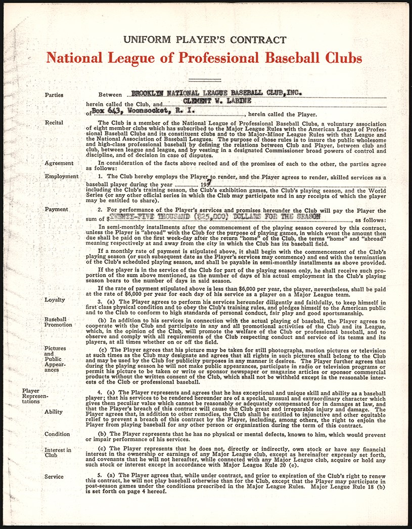 - 1957 Clem Labine Brooklyn Dodgers Contract (PSA)